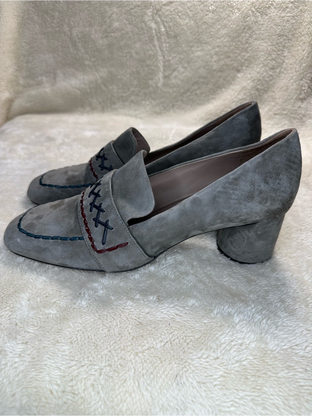 Donald J. Pliner Cannes Chunky Block Heel Gray Suede Pump Square Toe Size 11